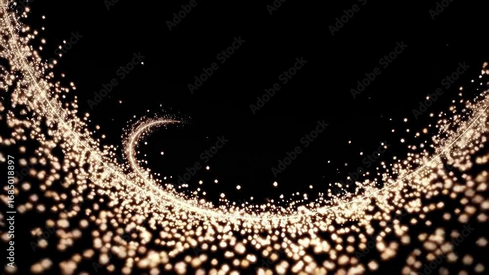 Poster a mesmerizing arc of golden particles on a black background, creating a magical and enchanting effec
