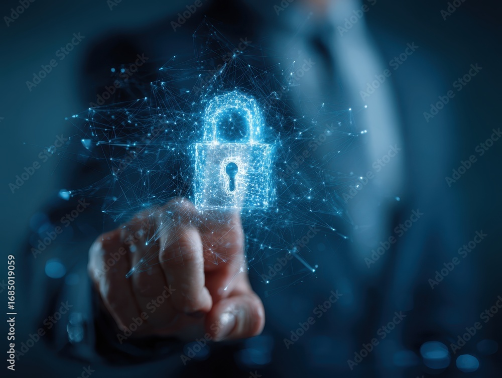 Poster network cybersecurity and privacy using artificial intelligence to safeguard data. ai technology is 
