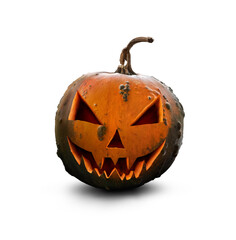 A single unlit spooky halloween pumpkin, Jack O Lantern with an evil spooky face and eyes isolated against a transparent background.