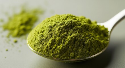 Vibrant green matcha powder on a spoon