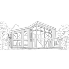 Architectural line drawing of a modern twostory house with large glass windows and an angled roof.