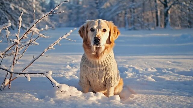 Dog wearing a sweater in winter.