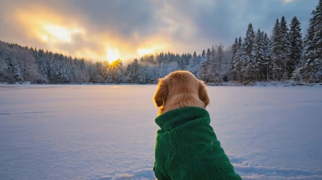 Dog wearing a sweater in winter.