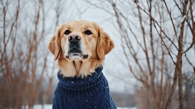 Dog wearing a sweater in winter.