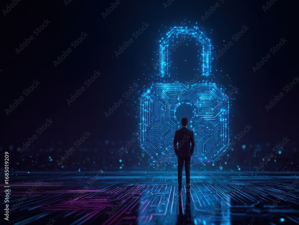 Poster network cybersecurity and privacy using artificial intelligence to safeguard data. ai technology is 