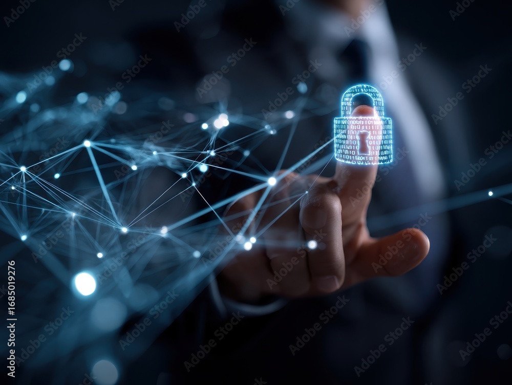 Poster network cybersecurity and privacy using artificial intelligence to safeguard data. ai technology is 