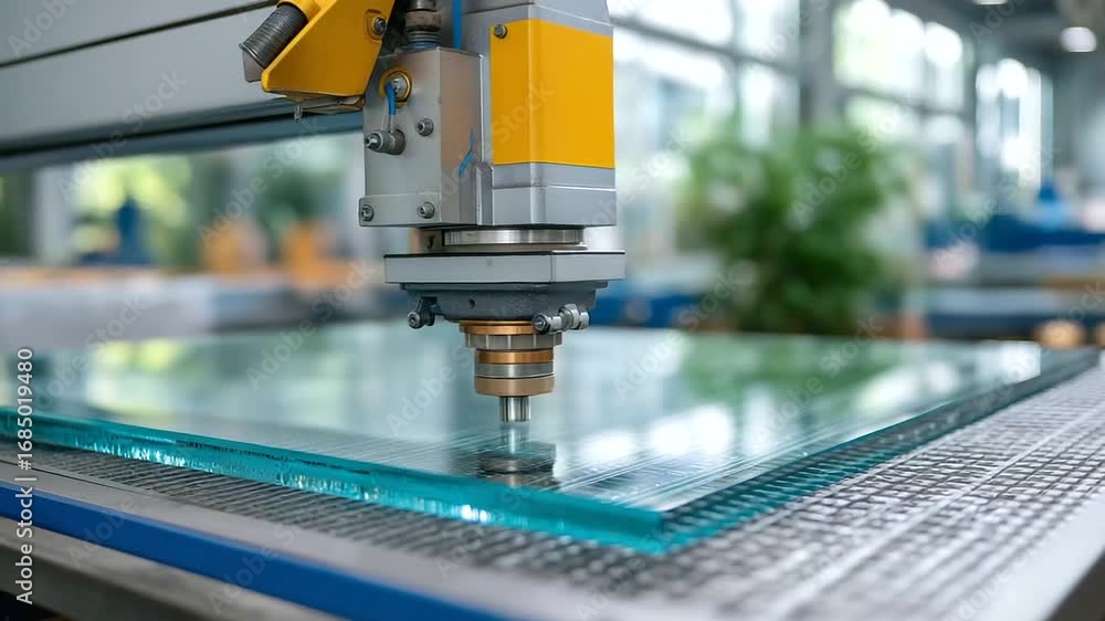 Poster automated glass cutting and edging systems are shown producing custom-sized panels. a robotic arm wi