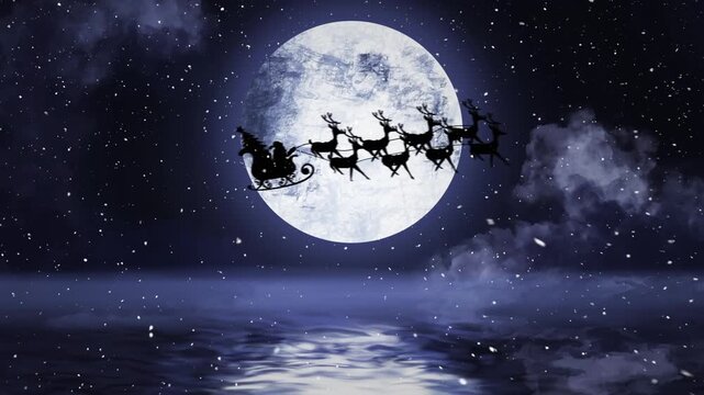 Animation of santa sleigh over winter full moon