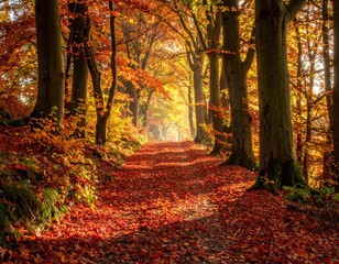 Fototapeta premium Colorful Autumn Forest Trail with Golden and Red Leaves