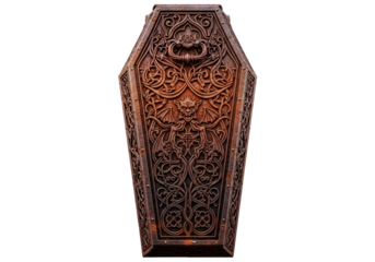 Ornate, dark-hued coffin with intricate, carved gothic designs.