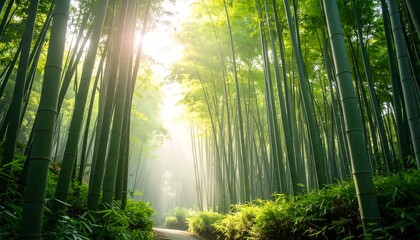 Sunlight streams through a dense bamboo forest