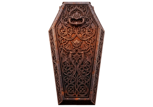 Ornate, dark-hued coffin with intricate, carved gothic designs.
