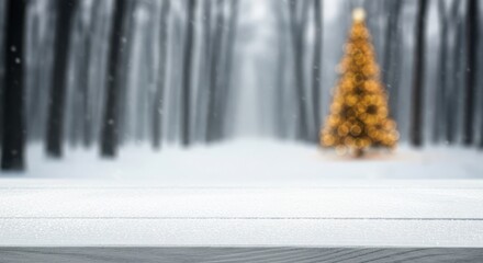Fototapeta premium Empty wooden table in a blurred winter forest with a glowing christmas tree and falling snow