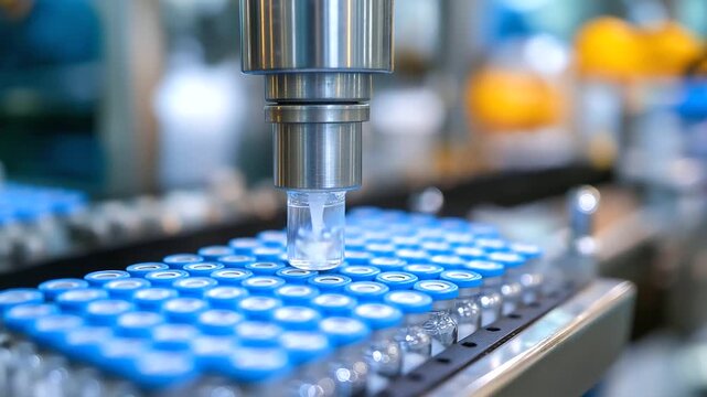 Inside a sterile pharmaceutical manufacturing facility, an automated system fills and caps vials of injectable medication. A robotic arm precisely dispenses the liquid into rows of
