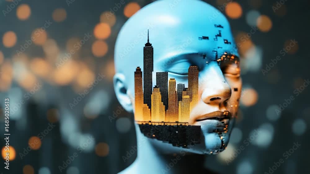 Poster artificial intelligence face emerging from futuristic circuits and data