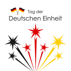 German Unity Day concept with exploding fireworks of Germany flag colors and text "Tag der Deutschen Einheit" isolated on white background. Vector template for 3 Oktober celebrating banner design.