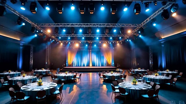 Spacious event hall with illuminated stage, round dining tables, elegant decorations, and dramatic blue ceiling lights