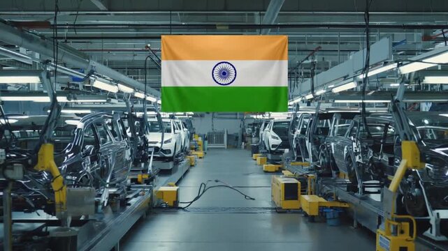 Car factory with the Indian flag.