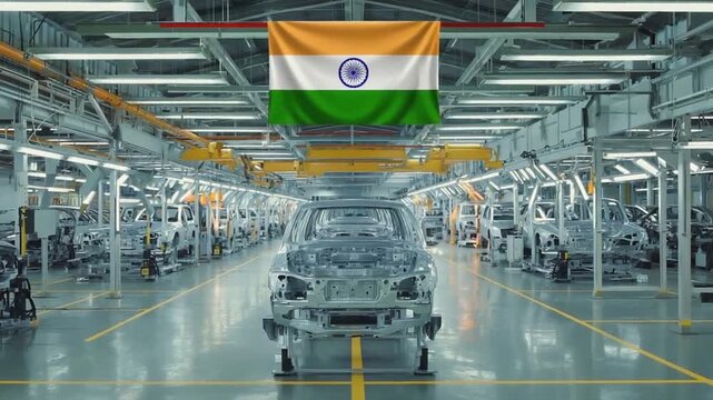 Car factory with the Indian flag.