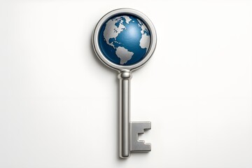Silver Key with Globe Inside on White, Symbol of Global Success, Opportunity, and International Business

