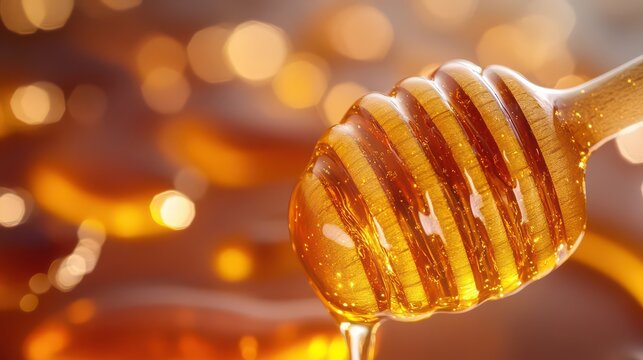 Close up of honey dripping from a wooden honey dipper with blurred background and bokeh lights - Powered by Adobe