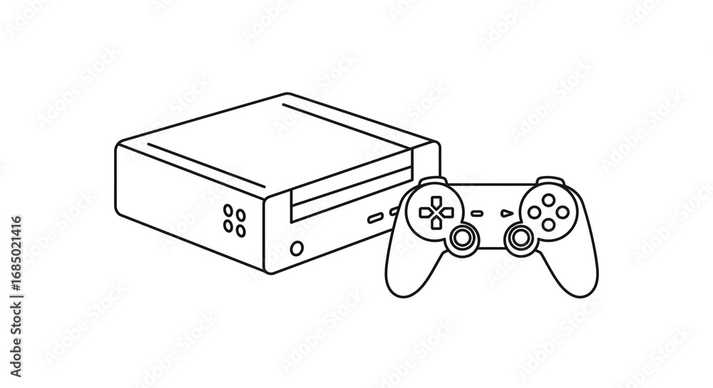 Poster console and controller game vector outline illustration retro gaming classic nostalgia design 8 bit