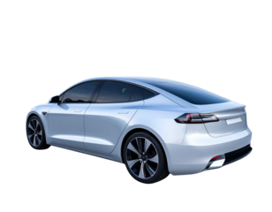 Futuristic Sleek Electric Car with City Skyline Reflections