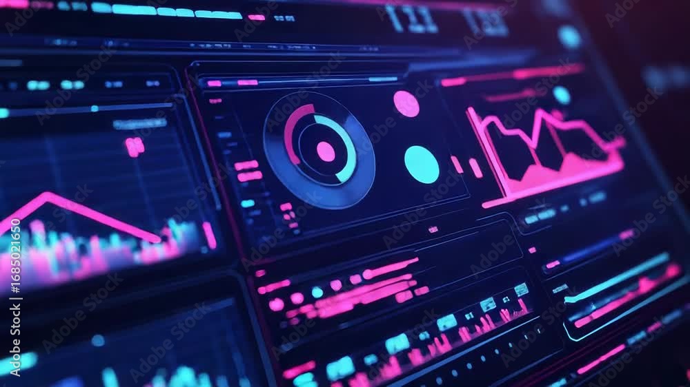 Poster futuristic control panel displaying changing charts and data analysis