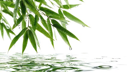 Water and bamboo leaves background with copy space, white background, top view, water ripples