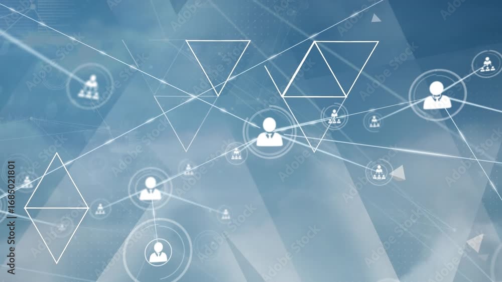 Poster animation of network of connections with icons over sky with clouds