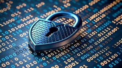 Metallic security lock placed on binary code background highlighting modern cybersecurity and digital data protection - Powered by Adobe