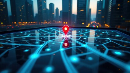 Mapa de la ciudad en realidad aumentada proyectado en el aire, con un punto rojo brillante que marca una ubicación importante entre los rascacielos