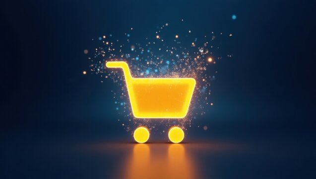 &Iacute;cono de carrito de compras brillante rodeado de part&iacute;culas brillantes, que representa conveniencia, entusiasmo y urgencia para las promociones minoristas en l&iacute;nea