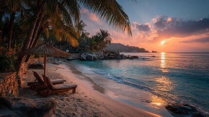 Serene beach sunset with wooden sun loungers under umbrella, palm trees, tropical vacation scene, vacant seats for tourism promotion or background.
