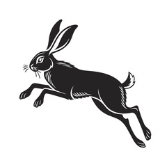 Dynamic black silhouette of a leaping wild hare, showcasing its powerful movement and characteristic fluffy tail against a crisp, clean background