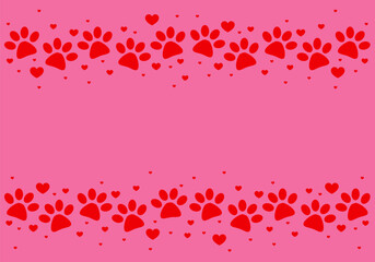 Happy Valentine's day greeting card with hearts and paw prints. Dog love, Cat love. Valentine's day greeting card with hearts and vector foot trail print of cat. Dog, puppy