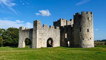 Ruined stone castle on a grassy hill under a blue sky