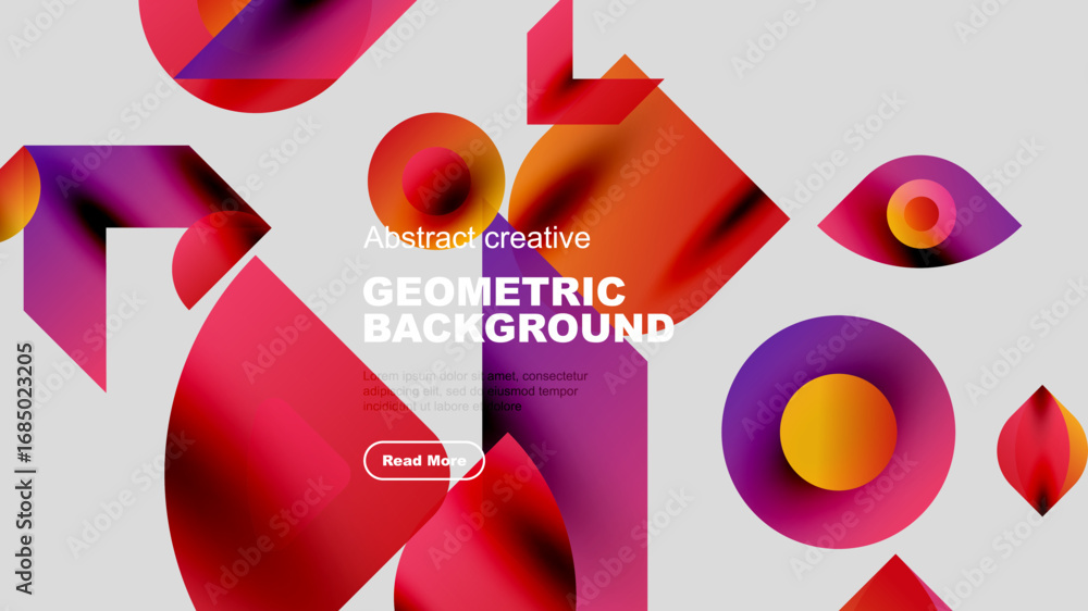 Poster vibrant geometric shapes overlap, creating dynamic abstract background. text promotes content with r