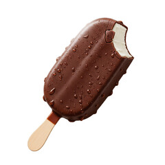 Obraz premium Bitten chocolate covered vanilla ice cream bar with water drops isolated on a transparent background