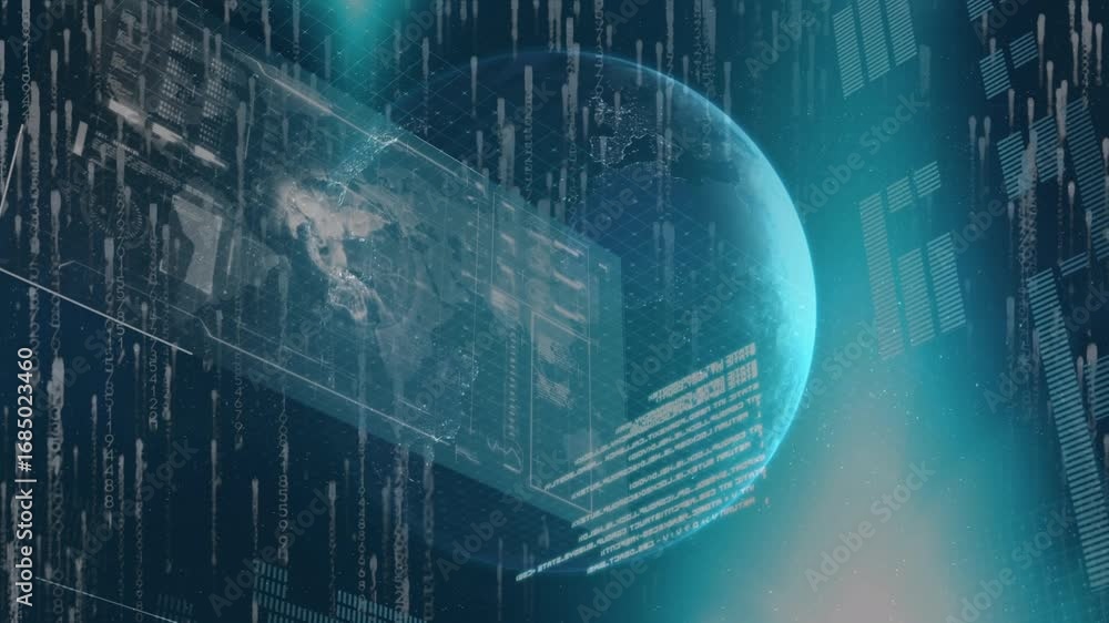 Poster animation of data processing over globe on black background