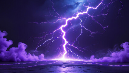 Powerful purple lightning strike illuminating dark stormy sky and ground thunder