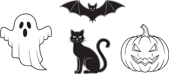A halloween themed illustration featuring a ghost bat cat and pumpkin