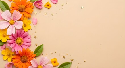 Naklejka premium Colorful Spring Flowers and Golden Stars Border on Beige Background floral nature