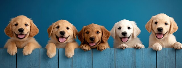 Obraz premium Four adorable Golden Retriever puppies playfully peek over a blue wooden fence, showcasing their cheerful expressions and fluffy coats