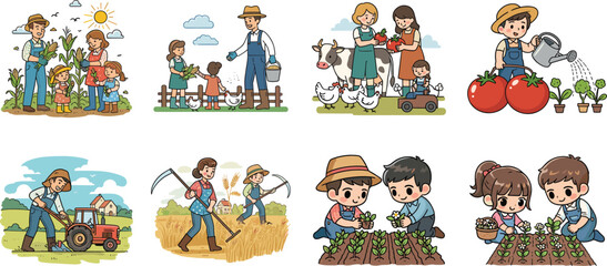 Cartoon farm scenes with families, kids, animals, gardening, harvesting, tractor, wheat field, planting, rural lifestyle, agriculture vector illustration