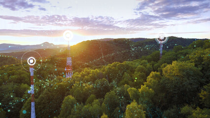 Three 5G radio towers radiating digital data particles in 3D graphic, concept of wireless network and modern telecommunication