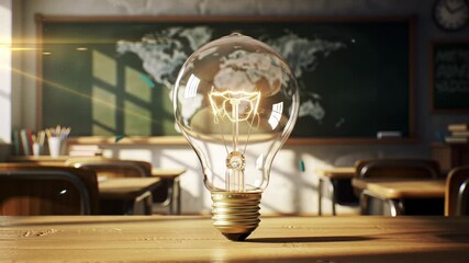 Light bulb classroom wooden desk sunlight world map chalkboard creative education innovation learning inspiration idea knowledge empty room, back to school concept with bright glass focus, hope - Powered by Adobe