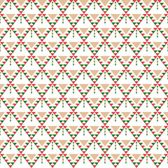Christmas pattern of triangle and diamond shape in red, green, cream on white background. Geometric pattern seamless. Motif, ethnic, festival, cute, boho concept for fabric texture, print, wallpaper.