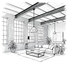 Handdrawn sketch of a modern industrial loft living room with exposed brick walls and steel beams.