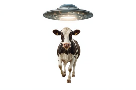 Cow abducted by UFO; white background, humorous illustration